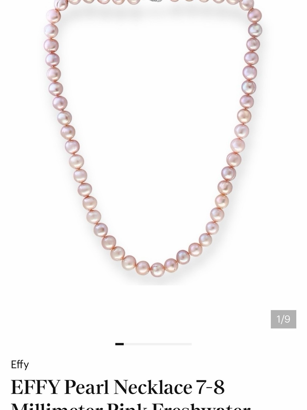 EFFY Pearl Necklace 7-8 Millimeter Pink Freshwater Pearls Silver Claw Clasp NWT